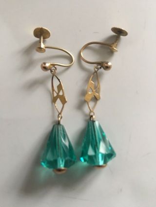 Stunning Antique Edwardian 9ct Gold Emerald Glass Drop Screw Back Earrings C1910