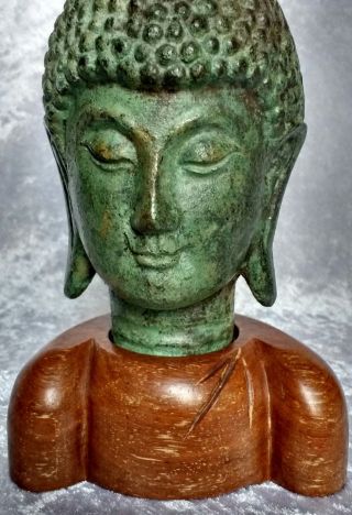 Beautifully Serene Early 20th C Chinese Cast Metal Buddha Head On A Wood Plinth