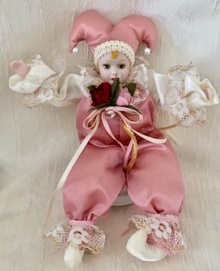 Vintage Harlequin Jester Doll,  Pink Porcelain Head & Hands Bendable Legs & Arms