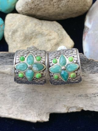 Vintage Sterling Silver Green Turquoise Agate Barse Earrings