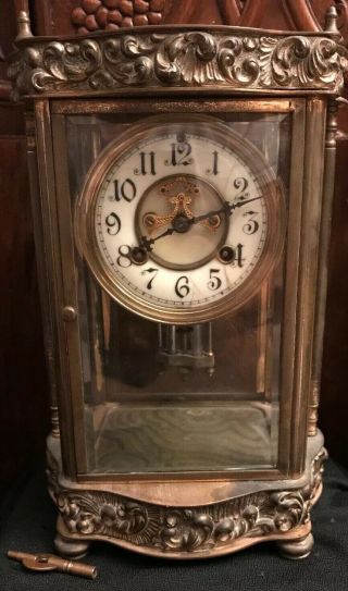 Antique French Style Carriage Porcelain Face Clock Waterbury Clock Co.  Glass