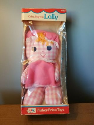 Vintage 1975 Fisher Price Crib & Playpen Lolly Rattle Doll Pink Gingham 420