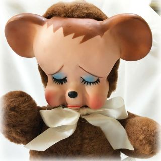 Vtg Knickerbocker Pouting Animal Sad Vinyl Face Plush Teddy Bear Orig.  Bow Exc