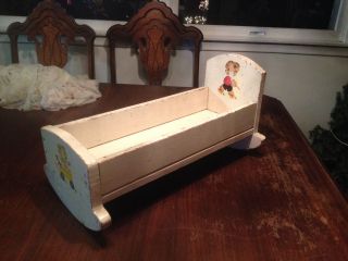 Antique Wooden Doll Crib/cradle White Shade,  Decals,  Doll Bed 19 " X 7 "