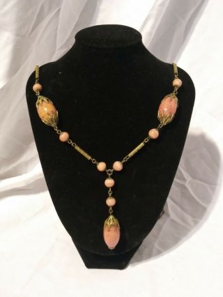 Antique/vintage Coral Glass Beads Necklace 20.  5 Inch Chain Gold Filigree