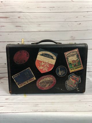 Antique/vintage Leather Suitcase With Travel Stickers