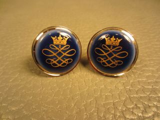 Vintage Heraldic Crown Porcelain Blue Enamel Yellow Gold Plated Cuff Links