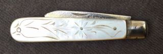 English Victorian Mother Of Pearl With Hallmarked Sterling Silver Pocket Knife C