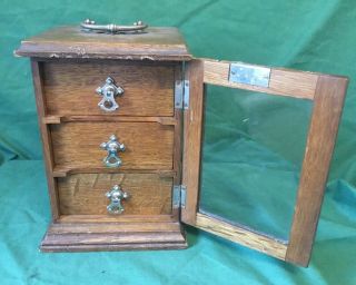 Small Vintage Oak Collectors Drawers Cabinet With Glazed Front