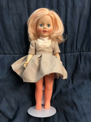 Vintage Made In Italy Blonde Hair Blue Eye Doll With Tan/brown Gingham Dress