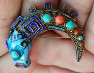 Antique Chinese Sterling Silver Filigree Enamel Turquoise,  Red Coral Pin Brooch