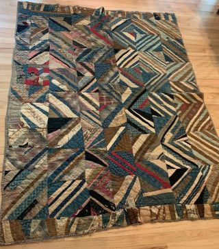 Stunning Antique Hand Made Hand Quilted Crazy Patch Work Quilt 60 X 79”