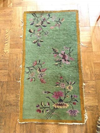 Antique Chinese Deco Rug Mat Nichols Green And Gold Flowered 2’ X 3’8”