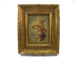 Antique English School Watercolour Painting Portrait Of A Fisherman Smoking Pipe