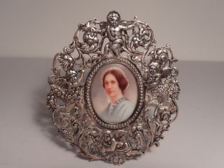 Antique French Miniature Painted Portrait 800 Repousse Silver Frame W/cherubs