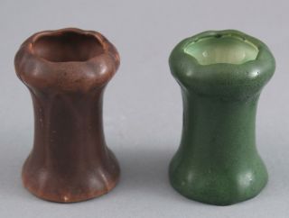 2 Antique Arts Crafts Hampshire Pottery Miniature Cabinet Vases Matte Glaze Nr