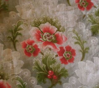 Antique French Art Nouveau Floral Cotton Fabric Red Green Gray