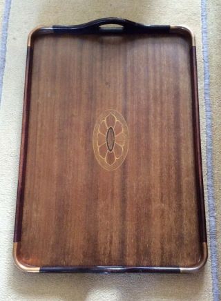 Large Wooden Inlaid Butlers Tray With Brass Corners (57cm X 40cm)
