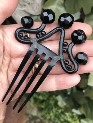 Antique Tiara Design French Jet Black Glass Hair Comb/slide/pin
