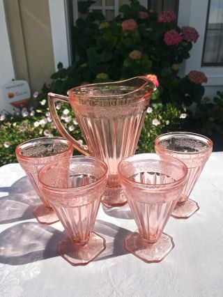 Antique Pink Depression Pitcher By Jeannette Glass Co.  Lemonade Set W/ Glasses