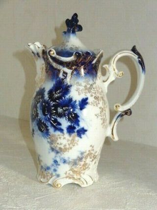 Antique Porcelain Flow Blue Chocolate Pot With Gold