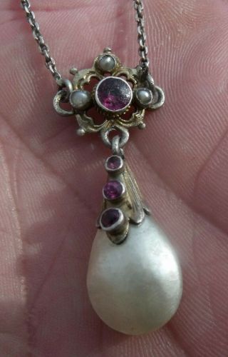 Antique Unmarked Silver & Red Stone Set Mother Of Pearl Pendant Necklace.