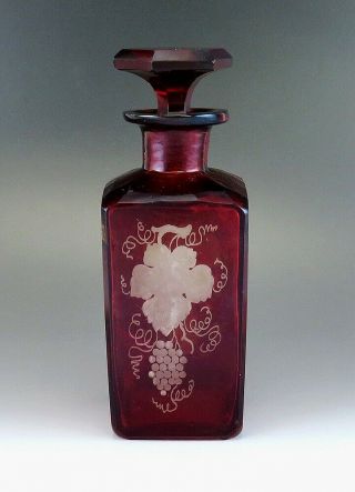 Antique Victorian Bohemian Red Cut To Clear Etched Glass Liquor Decanter Bottle