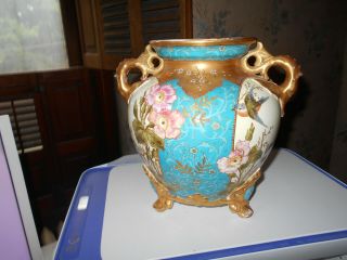Antique Royal Bonn Germany Rare Victorian Porcelain Bluebird Vase Stunning H.  P 5