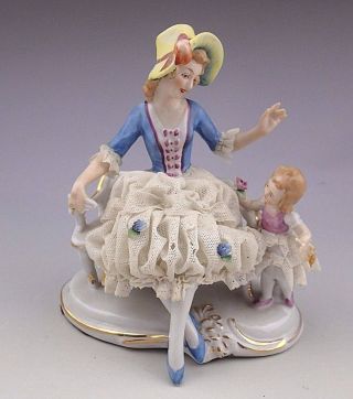 Antique German Porcelain Lace Figurine Of Mother & Child Figurine