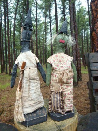 Primitive Folk Art Dolls Two Make Do Witches Halloween Good Luck Kitchen Witches