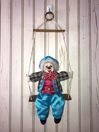 Clown Doll Vintage Porcelain Face On A Swing Marionette String,  Blue Hat