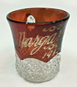 Ruby Red Flash Glass Souvenir Punch Cup Mug Antique Margaret 1912 Cut Clear