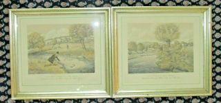 Pair Mid 19th C Antique Prints Live Bait Fishing & Fly Fishing For Trout Pollard