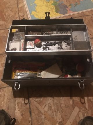 Vintage Metal Tackle Box With A Bunch Of Contacts