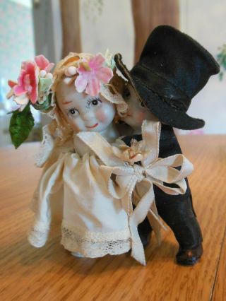Adorable Antique Bride And Groom Kewpie Bisque Dolls