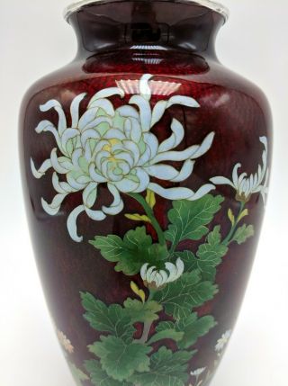Vintage Antique Ginbari Akasuke Pigeon Blood Cloisonne Vase Chrysanthemums.