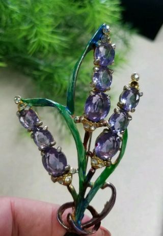 Vintage Antique Stunning Art Deco Flower Pin Lavander Unfoiled Stones Enamel