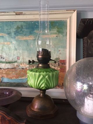 Antique Duplex Burner Oil Lamp With Green Glass Font.  Brass And Oak Perhaps