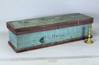 Great 19th C Tool Box In The Best Old Blue Paint With Stenciled Name
