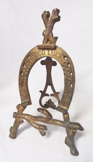 Antique 12 " Tall Brass " Good Luck " Horseshoe Branches Easel Shape