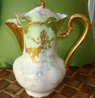 Rare Antique Limoges France Chocolate Coffee Tea Pot,  Flowers & Golden Scrolls