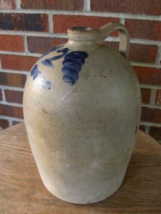 Antique Salt Glaze Cobalt Blue Decorated Stoneware Pottery Crock Jug,  2 Gallon