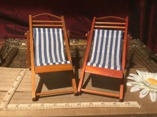 2 Vintage Miniature Doll Folding Striped Beach Chair 9 " Wood And Fabric