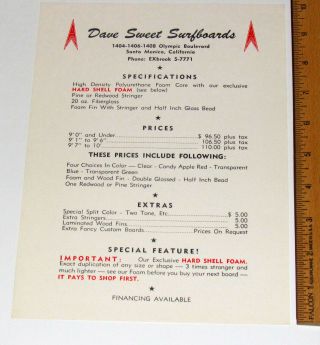 Vintage 1960s Dave Sweet Surfboard Surfing California Price List Flyer