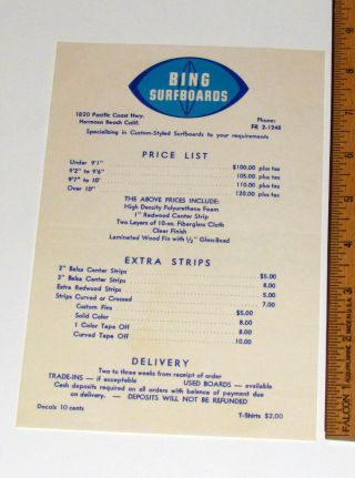Vintage 1960s Bing Surfboards Surfing California Price List Flyer
