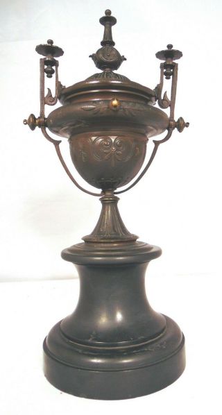 Antique French Victorian Gothic Bronze Marble Mantle Urn Vase Clock Garniture