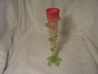 Antique Stevens & Williams Bud Vase,  Pink Opalescent,  Optic Glass,  Green W/ Rigaree