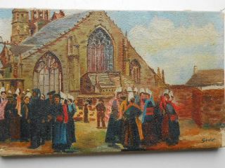 Antique 19th Century French Oil Painting Church Street Gathering Breton Women