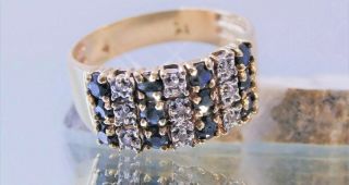 Antique 14k Yellow Gold Ring,  Natural Round Blue Sapphire With Diamonds W Box.