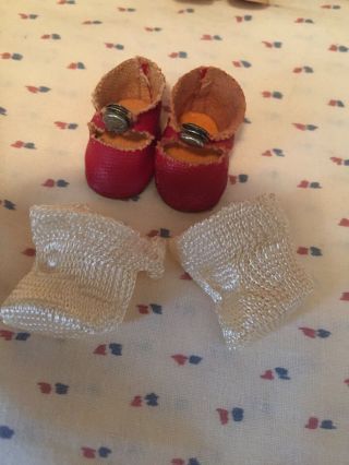 Vintage Vogue Ginny Doll Red Oilcloth Center Snap Shoes With Socks